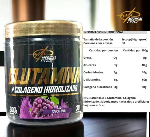 Glutamina + Colágeno Hidrolizado Sabor Uva (300 g)