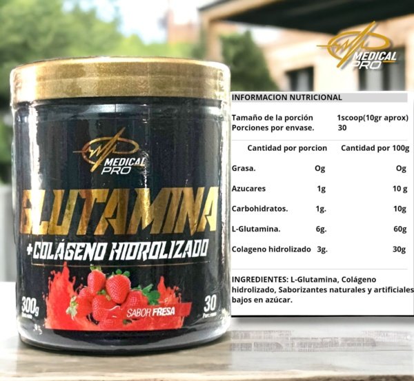 Glutamina + Colágeno Hidrolizado Sabor Fresa (300 g)